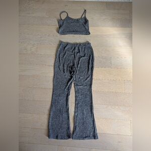 SHEIN Gray Ribbed Flare Pants & Crop Top Set